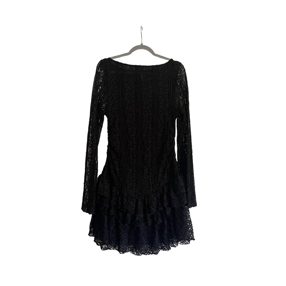 Free People Black Lace Mini Dress Ruffle Hem Long Sleeve Boho Romantic XL New - Picture 3 of 8